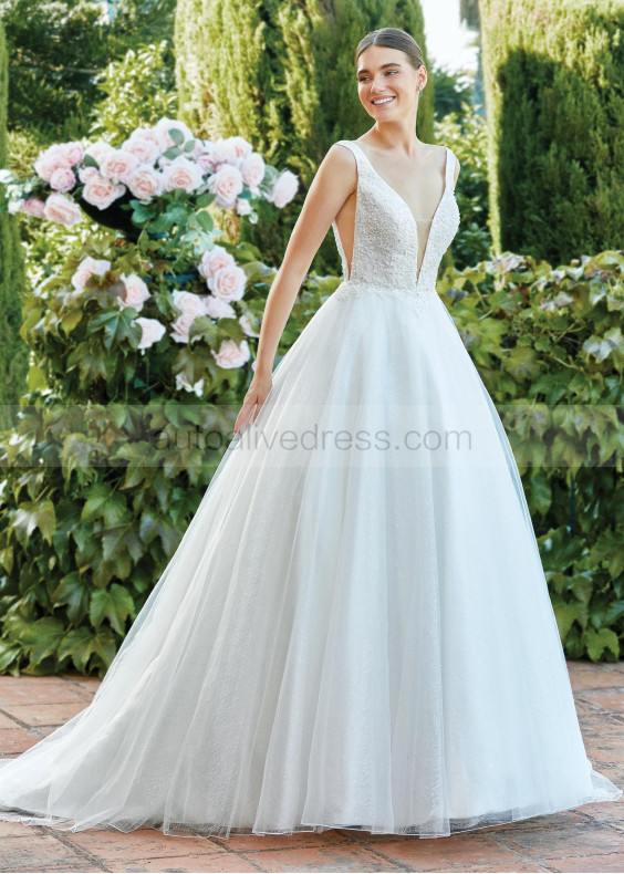 Beaded Ivory Lace Sparkle Tulle Deep V Back Wedding Dress Beaded Ivory Lace Sparkle Tulle Deep V Back Wedding Dress